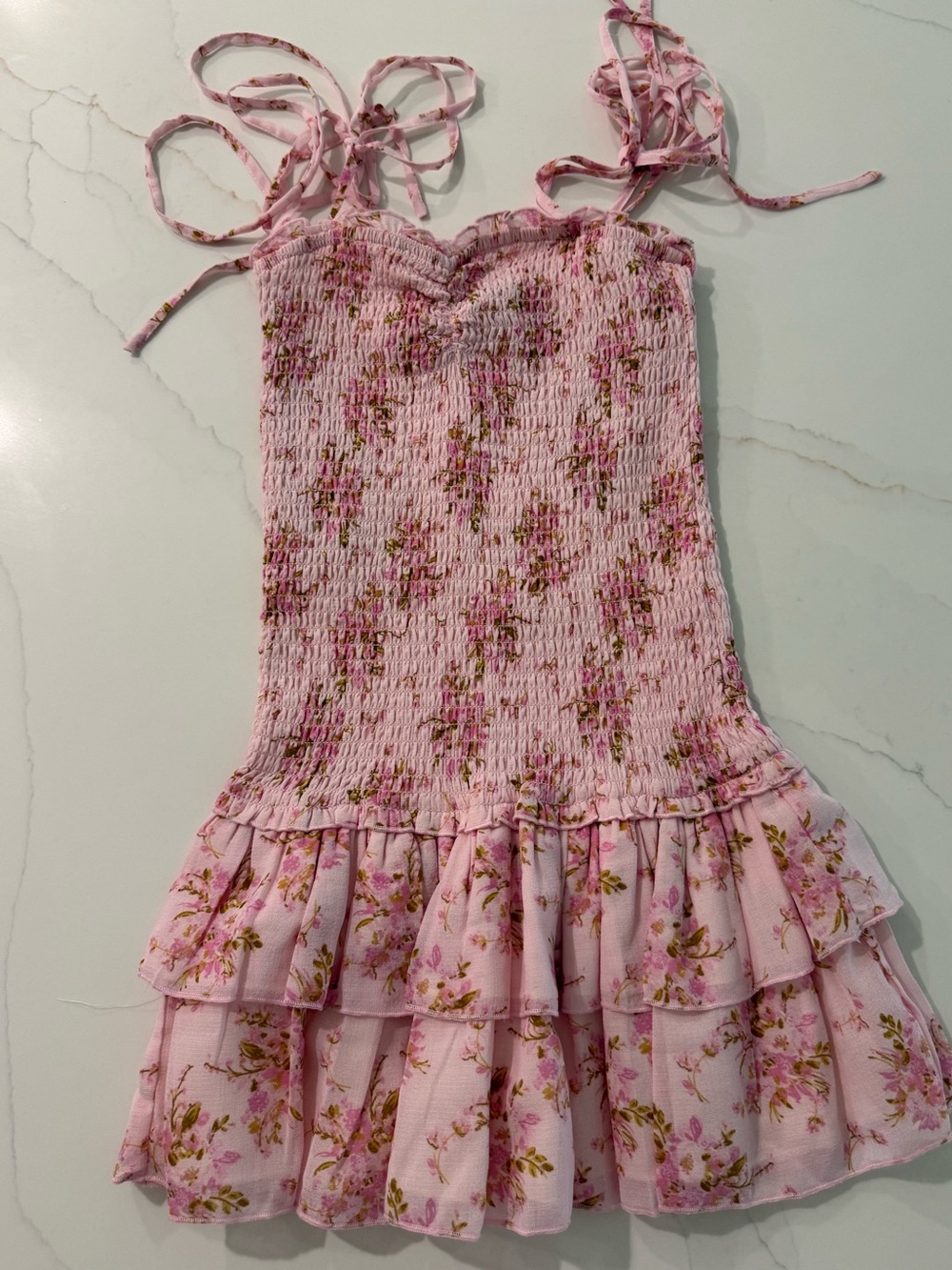 Katie J NYC Pink Floral Smocked Ruffle Sundress with Tie Straps